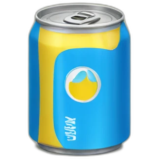 Yellow soda can with blue logo emoji