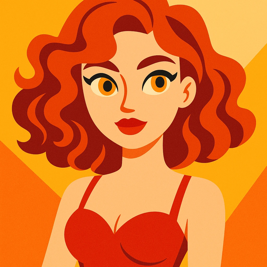 a girl with red, wavy hair, amber eyes, red lipstick, wearing a red bustier, modern illustration style emoji