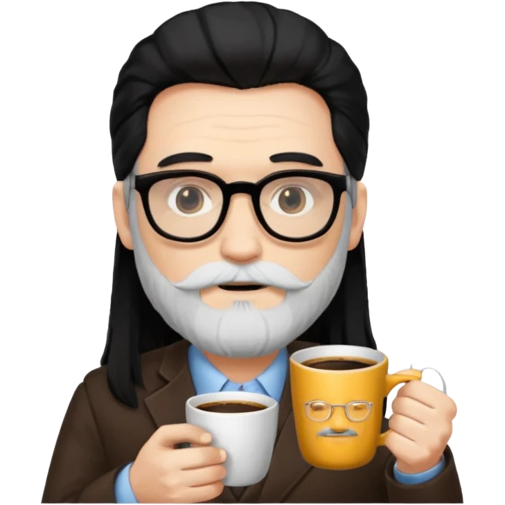 men with white bearded long black hair  with opticals  on holding coffee emoji