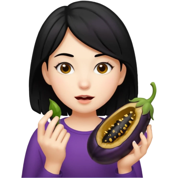 girl black hair eating a black hairy eggplant emoji
