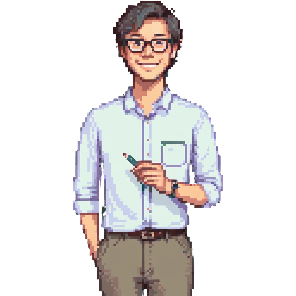 A cute and detailed emoji of a male teacher writing on a chalkboard. The teacher is smiling, wearing glasses, and dressed in a casual shirt and pants. He is holding a piece of chalk and writing something on the blackboard. emoji