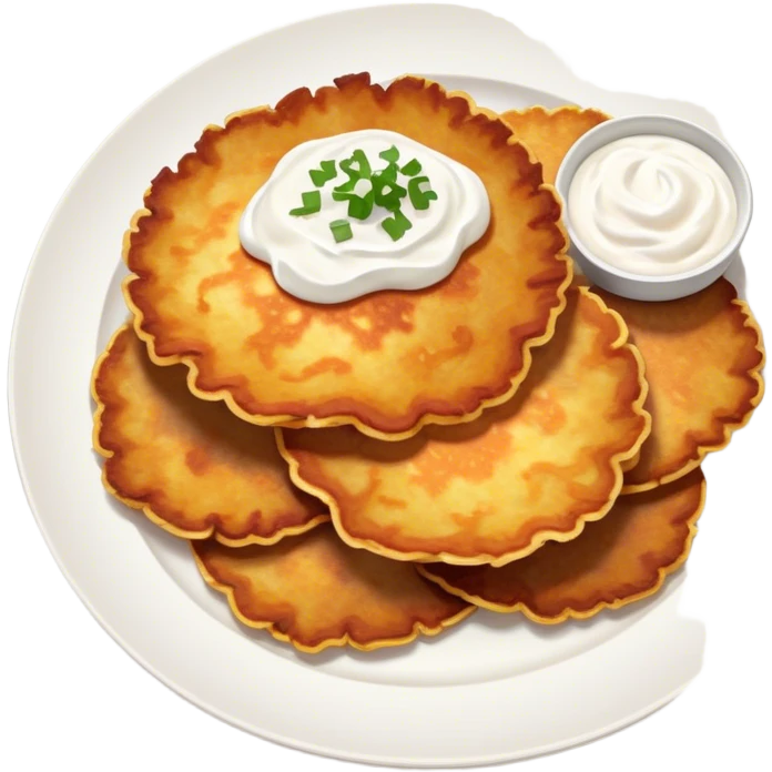 Cinematic Realistic Placki Ziemniaczane Dish Emoji, depicted as crispy potato pancakes served with sour cream rendered with vivid textures and warm, appetizing lighting. emoji