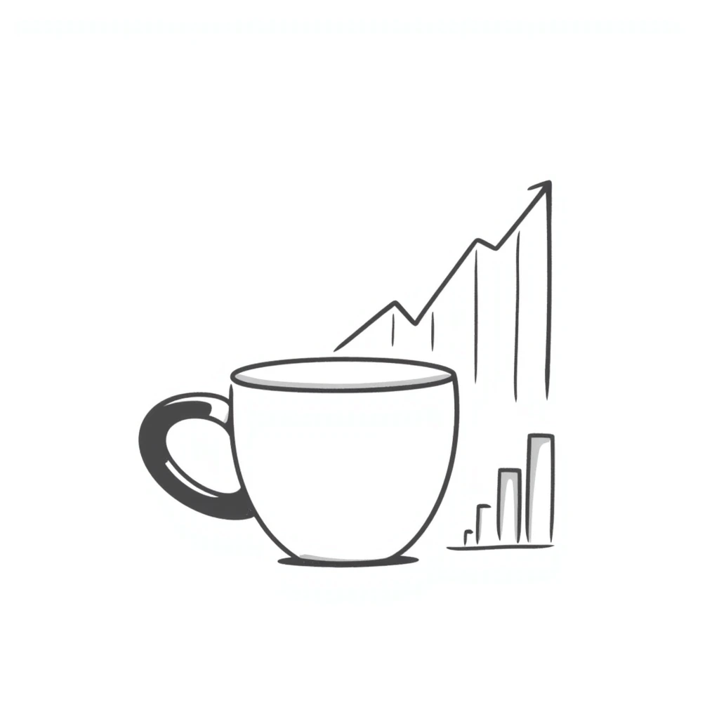 a doodle of a coffee cup next to a bullish stock graph emoji