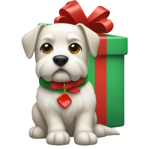 Red and green gift with white dog emoji