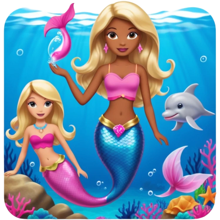 Brown skin blonde hair barbie mermaid with pink dolphin  emoji
