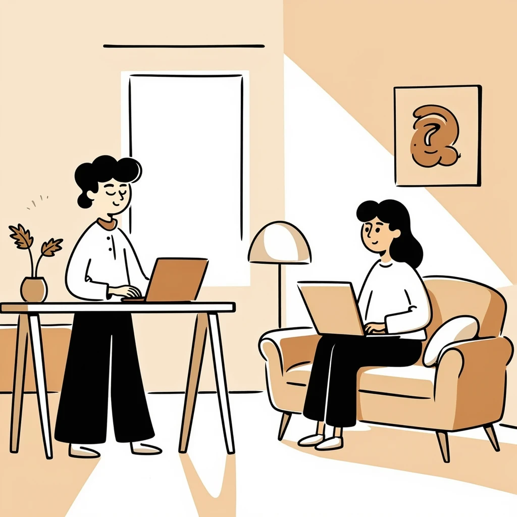 escenary 3d of a cozy mid-century living room with two people working on laptops, one man standing at a desk and one woman sitting on a couch, warm tones, two walls and floor visible emoji