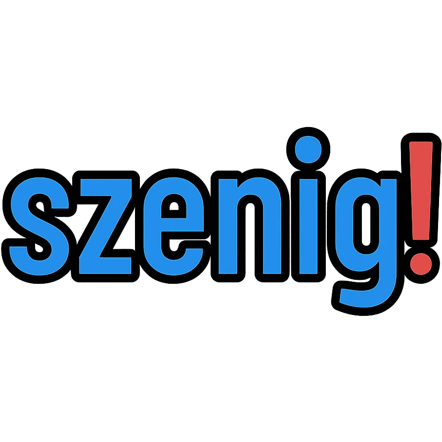 the word 'szenig!' in blue color with the exclamation mark in bright red, minimalistic style, no background emoji