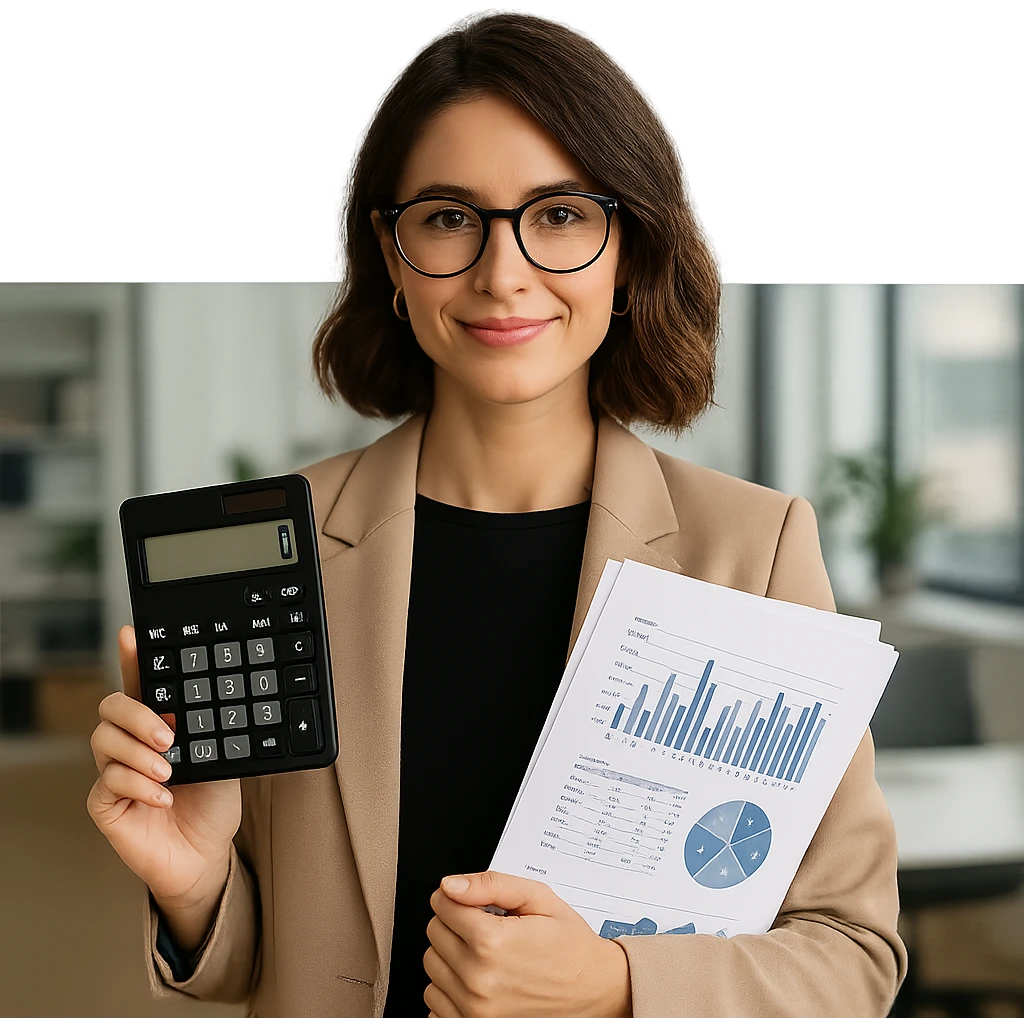 modern accountant, holding a calculator and financial documents, stylish glasses, office background emoji