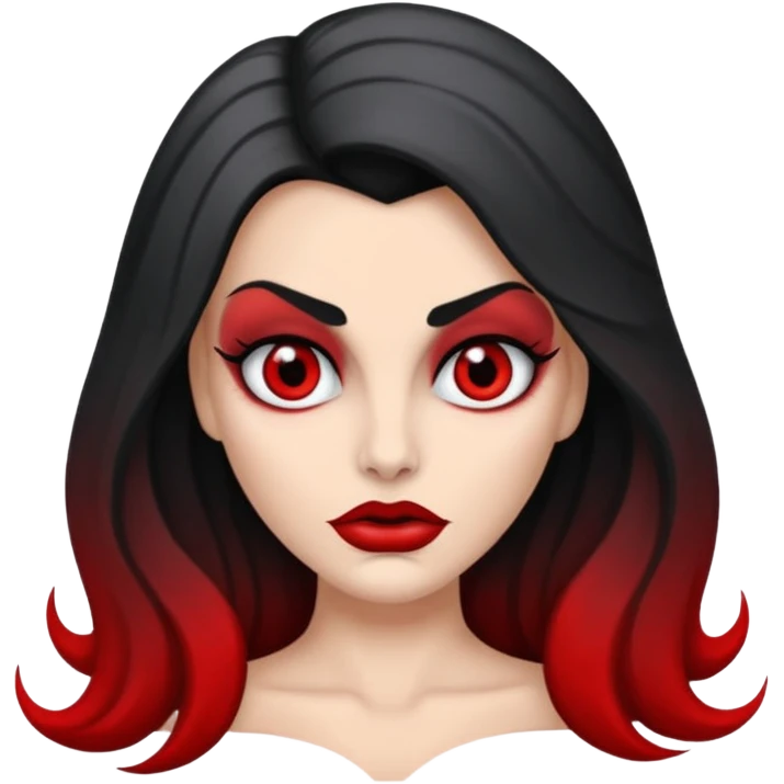 vampira com o tom de pele cinza com os olhos vermelhos, cabelos longos e ondulados e pretos emoji