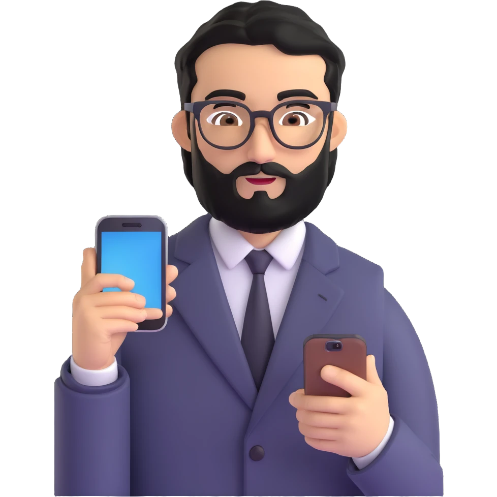 full body standing pose of same professional man with medium black beard, neat black hair, connected unibrow, olive tan skin, brown eyes, glasses, prominent nose, dressed in formal black jacket, with mobile phone emoji