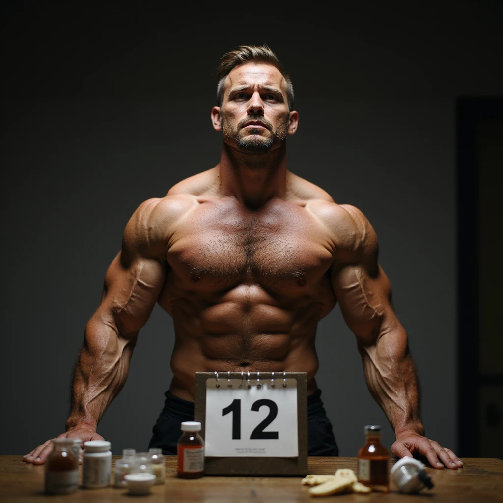 realistic muscular bodybuilder man with dry and defined muscles, concentrated expression, table with supplements and vials, calendar with 12 months behind, dimly lit gym background with intense lighting, face marked by fatigue emoji