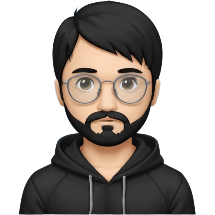 Man, hispanic skin, black hair, black beard, black mustache black eyes black t hoodie, small nose, long emo hair, muscular , round glasses emoji