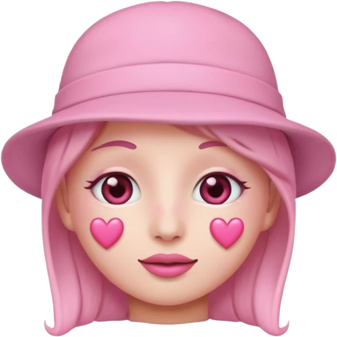 a pastel pink skin love face emoji with pink hearts in the eyes, pink simple hat on emoji