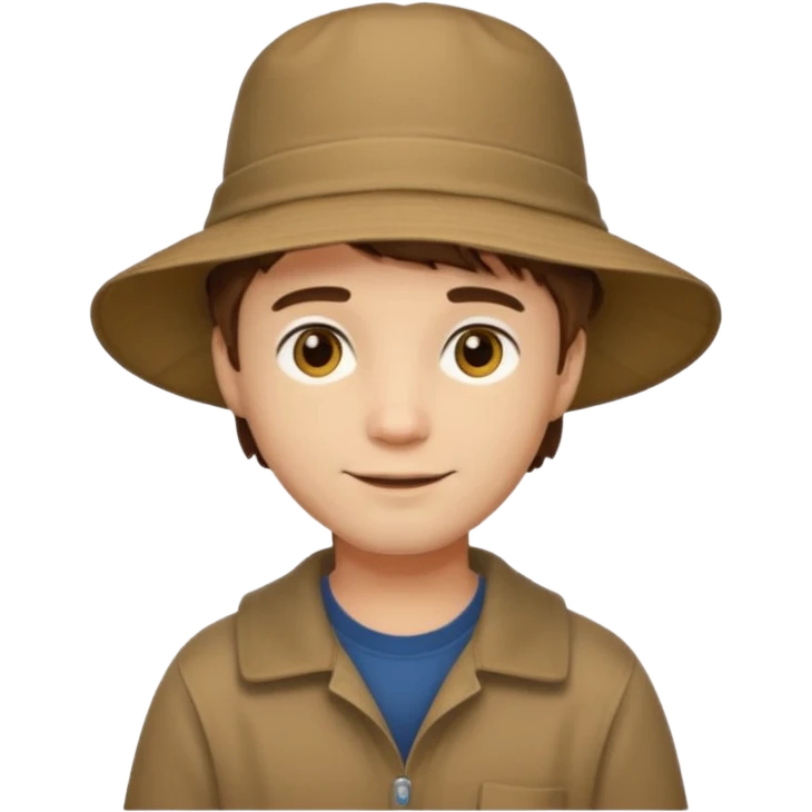 A light-skinned man with short brown hair, golden-brown eyes, and a soft smile, wearing a wide-brimmed brown bucket hat. emoji