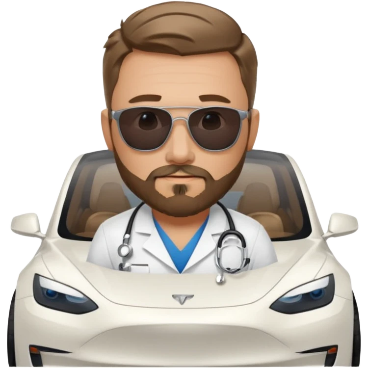 White tesla model 3 and one cool physician with dark blond hair, beard, stetoscope and dark sunglasses next to it emoji