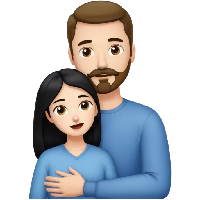 Tall white man with brown mustache and goatee hugging a short pale woman with long black hair emoji