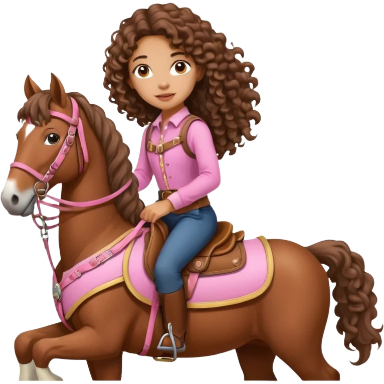 Realistic mixed race girl with long curly hair, riding a big draft horse, wearing pink harness and saddle  emoji