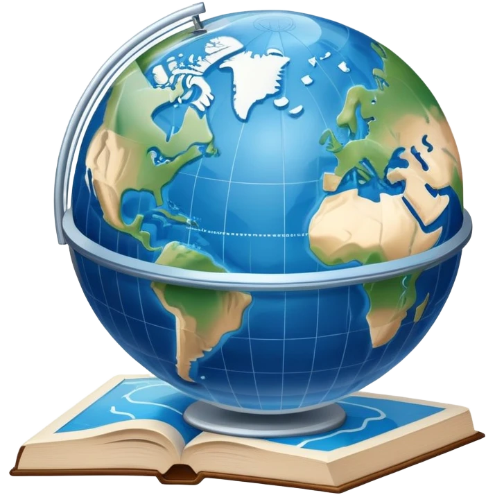 an icon featuring an earth with attitude and longitude lines, a textbook, and a topographic map, symbolizing geography as a science. The design includes a compass, mountain ranges, and rivers, representing the study of Earth's features and landscapes. Transparent background highlights geography. emoji