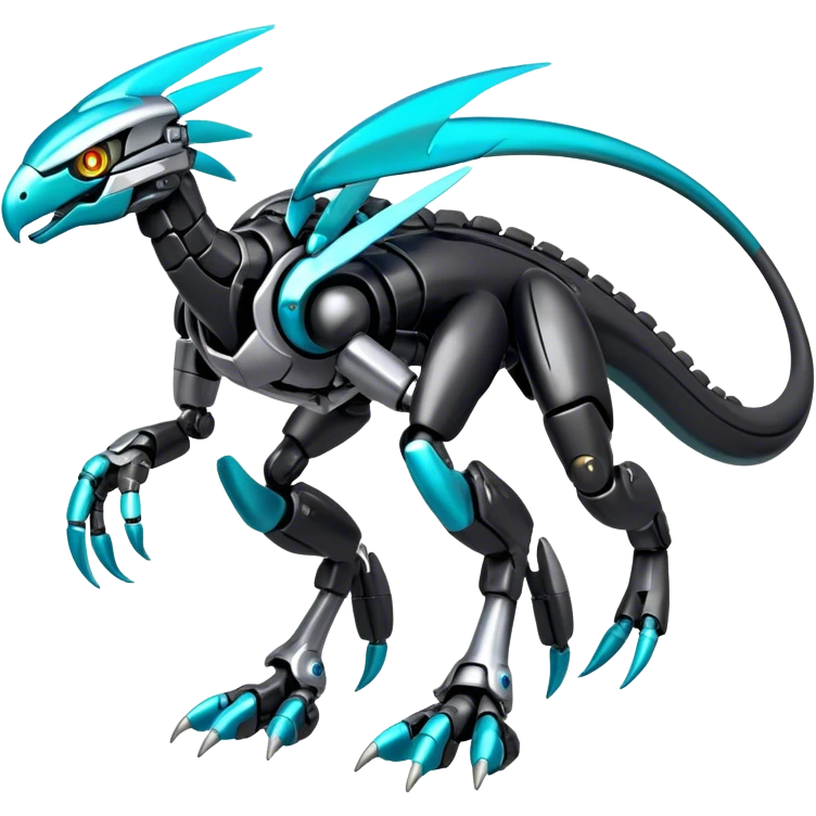 Shiny Futuristic Celestial Glossy-Metallic-Alloy Cyborg-Fakemon-Pokemon-Digimon-Spectrobes-Raptor-fusion, full body, four legs, black body, cyan accents, scales emoji