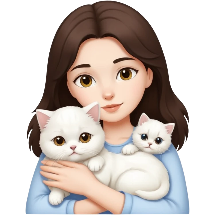 One brunette girl hugging white puppy and white persian cat emoji