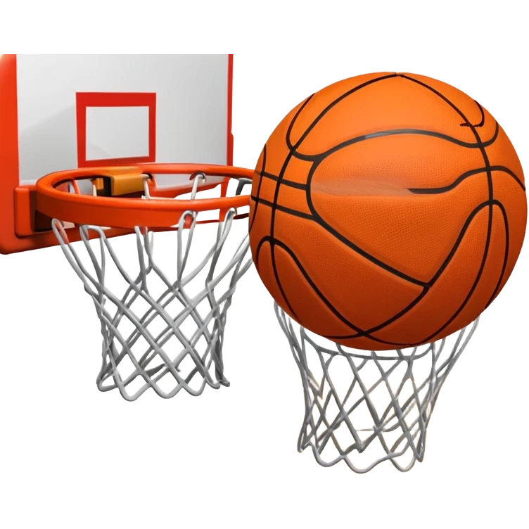 A close-up shot of a basketball entering the hoop, with the ball swishing through and inside  the basket. The background features a blurred basketball court, emphasizing the perfect shot and the excitement of the game. emoji