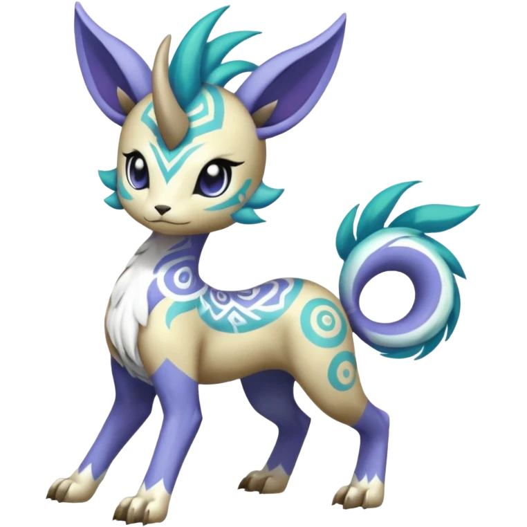 Tropical Tiny Marked Patterned Tribal Colorful Skilled Adept Graceful Asian Painted Garurumon-Meloetta-Absol-Suicune-Cobalion-fusion-hybrid-creature (full body) emoji