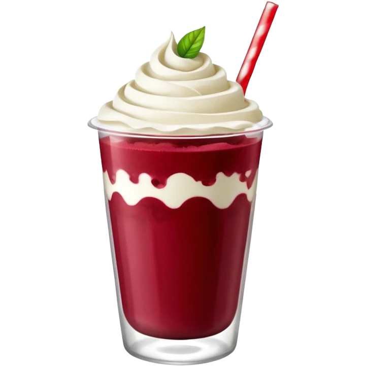 crea una bebida de red velvet con bolitas de yogurt como topping en vaso de plastico con popote emoji