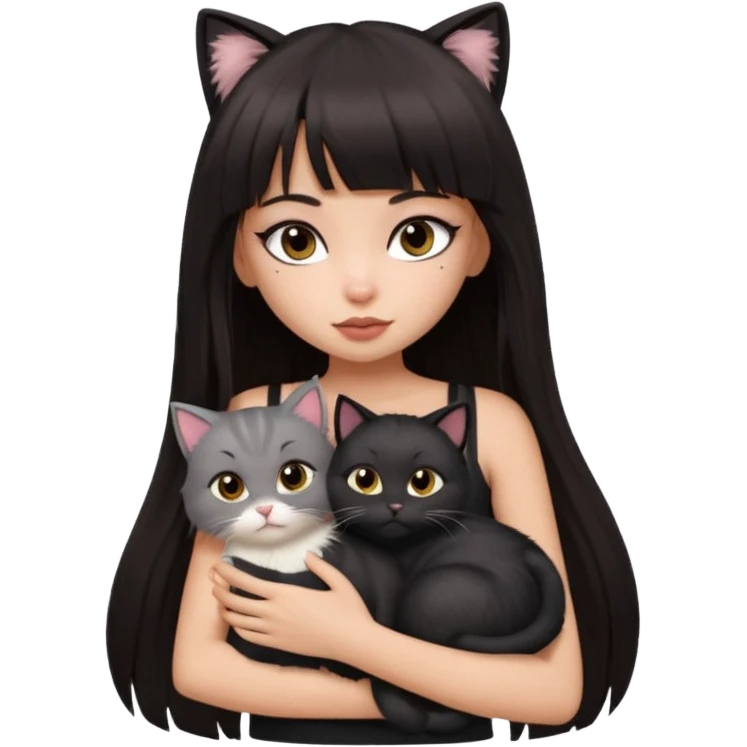 generate a pretty bratz girl in black cami top, dark brown straight long hair with bangs, eyeliner on, cuddling a cat emoji