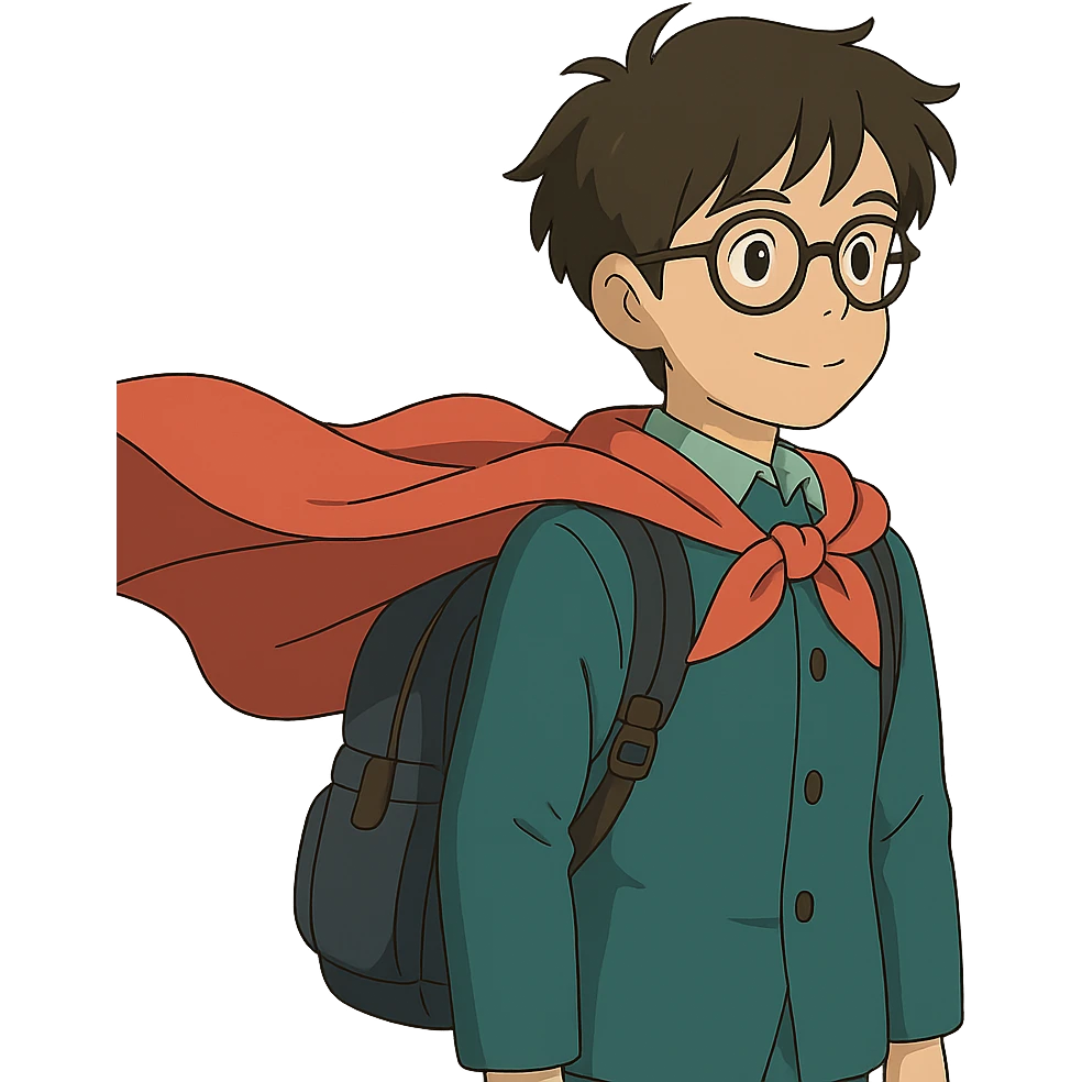 student with glasses and backpack, wearing a superhero cape emoji