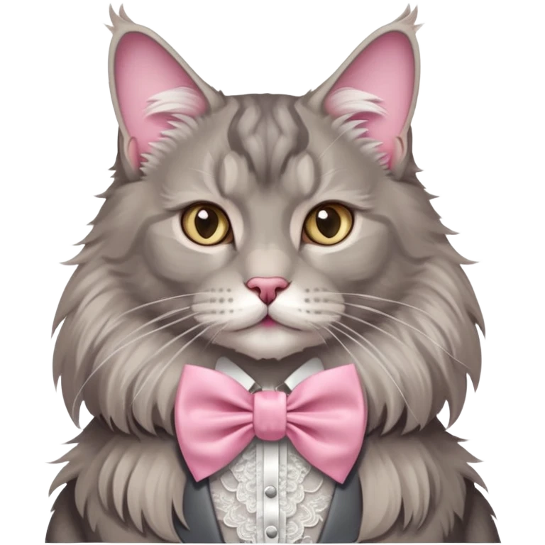 A grey Maine coon Neck Wearing a pink Rococo style Bow tie  ribbon emoji