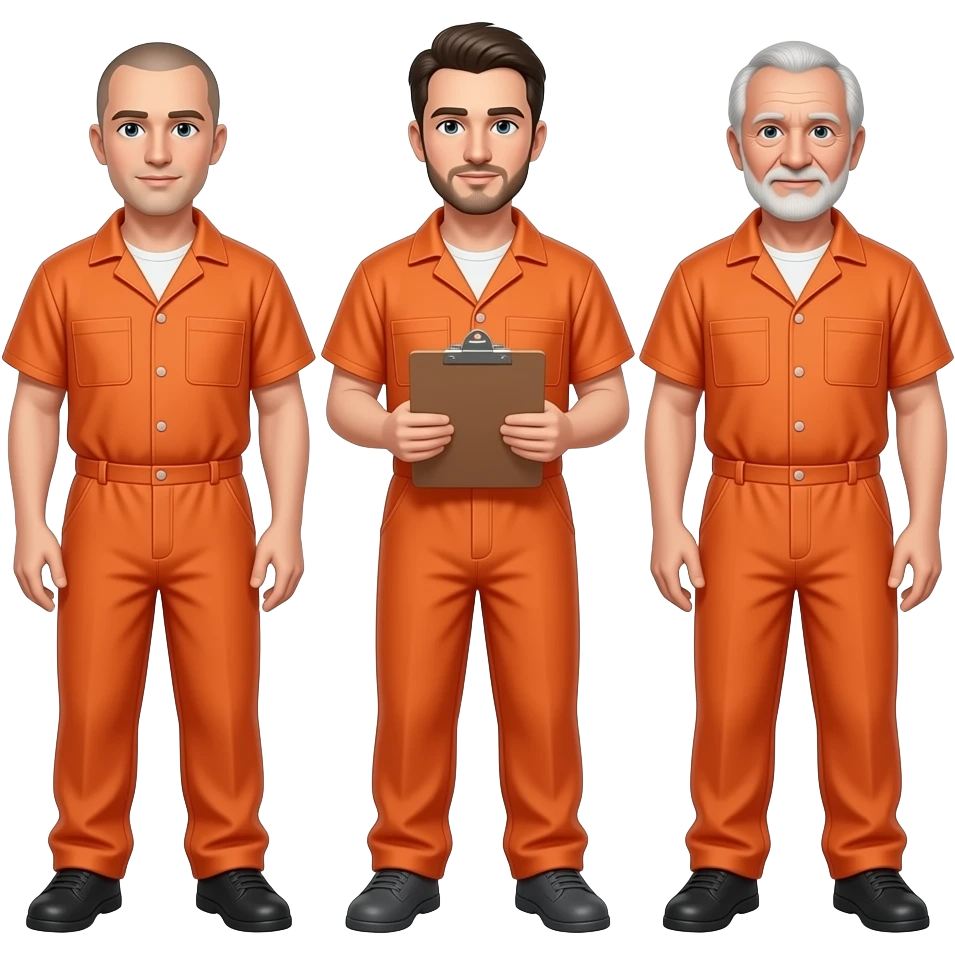 three guys in prison (orange) ages 35, 50, 65. Clean Shaven. youngest in middle with clipboard emoji