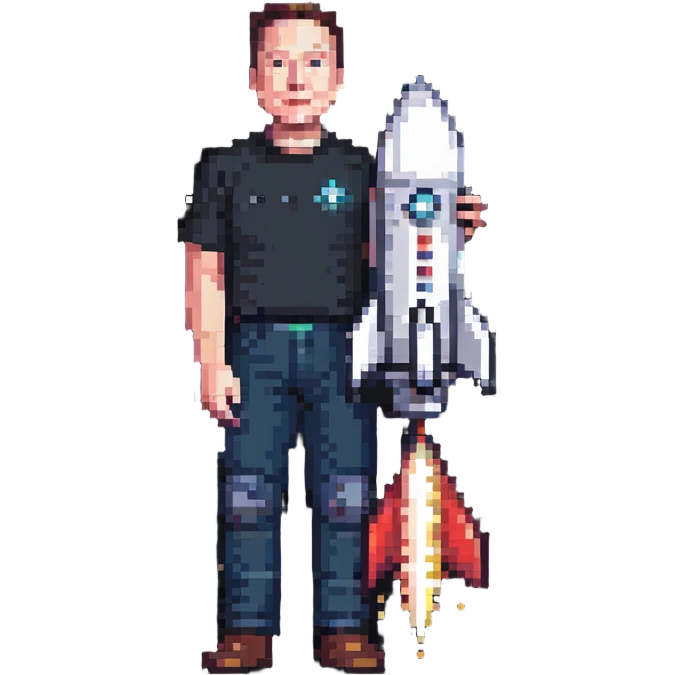 Elon Musk with a rocket in the background, pixelated design emoji