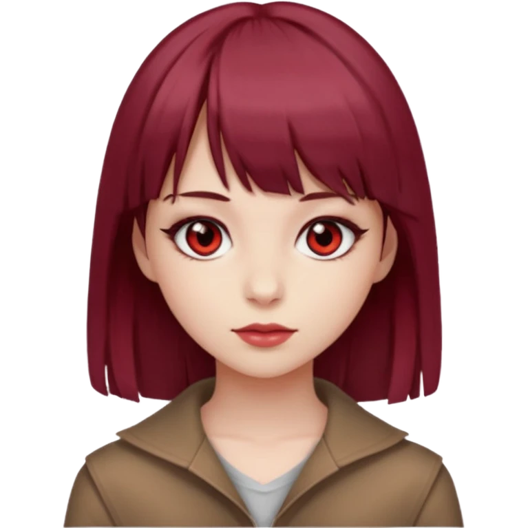 beautiful girl with maroon medium hair, straight bangs and red bando, red eyes and brown clothes emoji