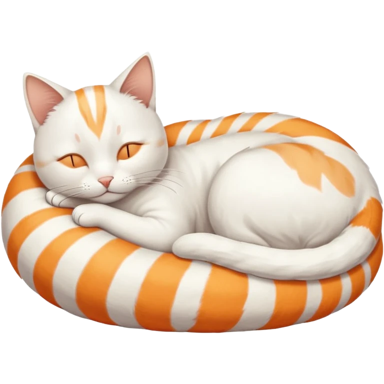 A white cat, curled up and asleep. Its fur has very faint orange stripes on the back and tail. emoji