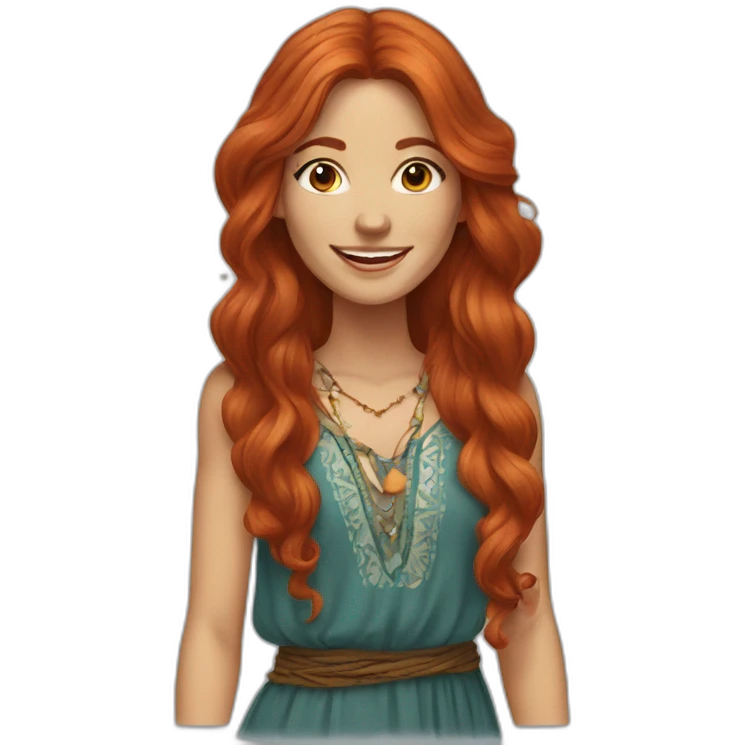 long hair redhead woman, smiling, wearing boho dress emoji
