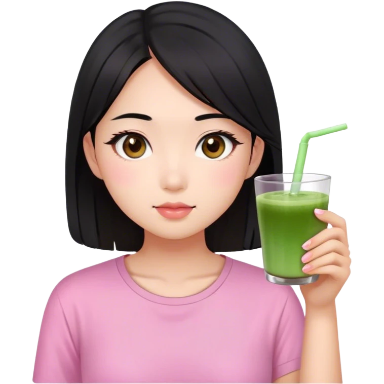 Asian girl, brown eyes, black hair, pink shirt and drinking matcha emoji