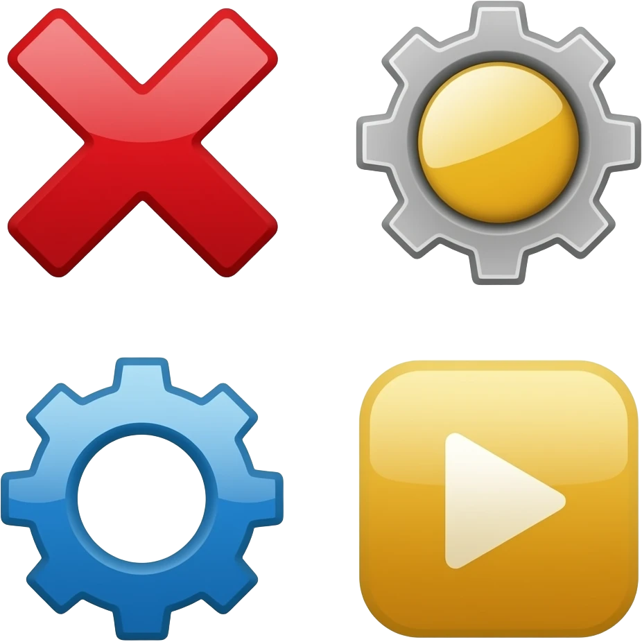 hazmeuna X de color rojo y simblolo de de setting una gear de color azul y por ultimo un simbolo de play de color amarilo los 3 en 3 posiciones distinta no juntos emoji