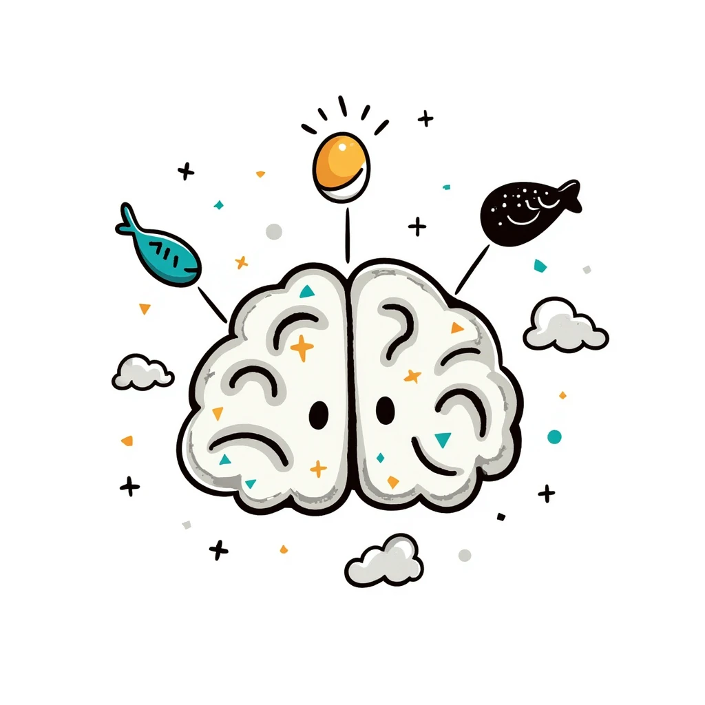 A crystalline brain with pieces of blue fish, egg yolk and fermented soy floating in a spiral around it. Thin light beams connect these foods to bright points on the brain, dissipating mental fog and creating clarity. emoji