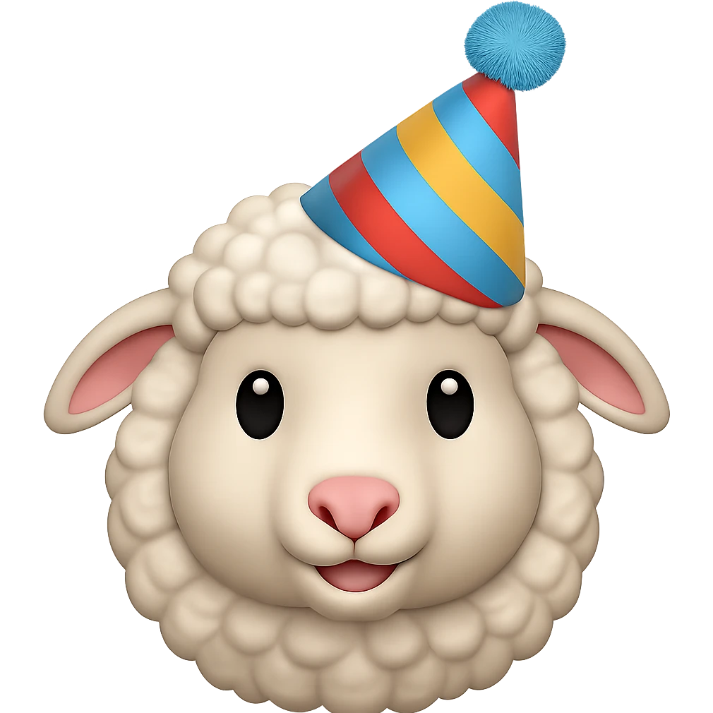 Add a colorful party hat to the silly sheep. Keep the background transparent. emoji