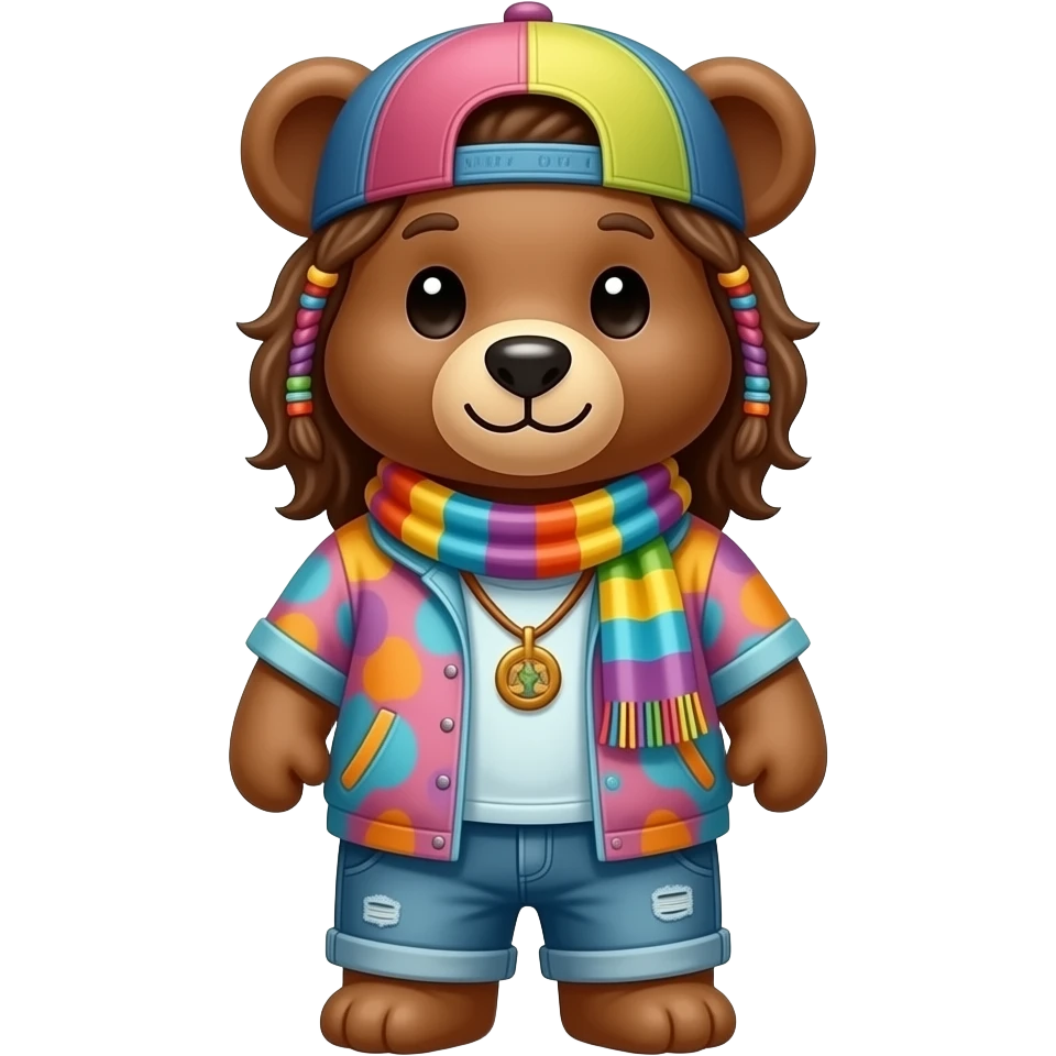hippy bear with loose colourful hippy clothes, scarf, cap, front facing emoji