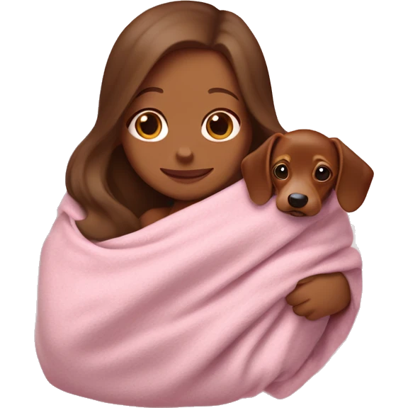 a white woman with long brown hair is cradling her puppy in a pink baby blanket. the puppy is a brown dachshund dog. the woman is smiling with mouth ajar. you can see the woman cradling the puppy like a baby from her waist up.  emoji