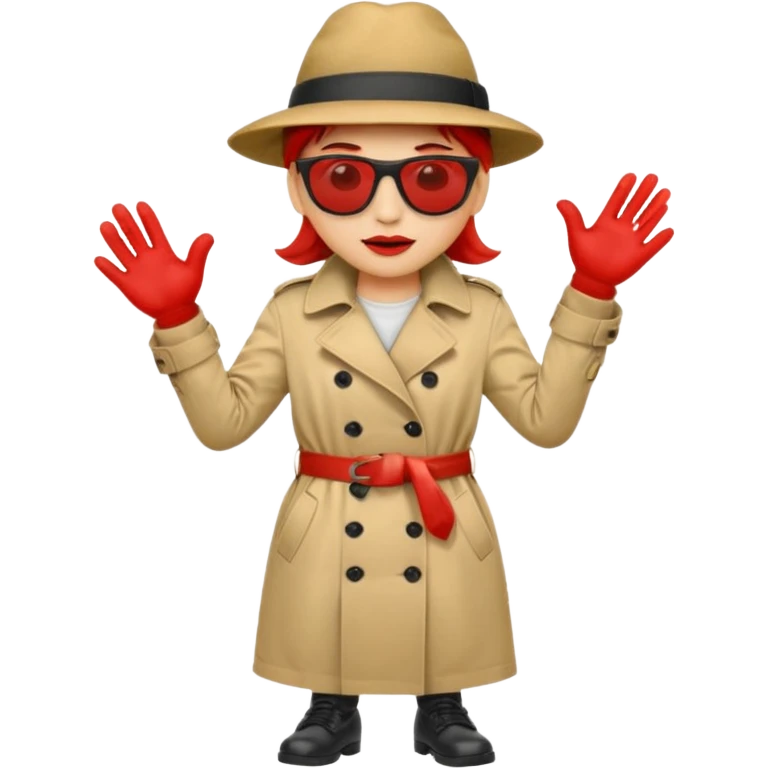Tomato face emoji wearing long body trench coat hat sunglasses legs red hands emoji