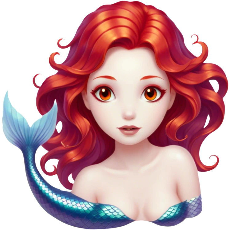 Cinematic Realistic Red Hair Mermaid Portrait, depicted with lifelike porcelain white skin that glows with an ethereal radiance, enhanced by soft underwater lighting. Her intricately detailed, flowing red hair cascades like liquid fire, framing deep, soulful eyes that mirror the mysteries of the deep sea. Accented by shimmering, iridescent scales and delicate aquatic embellishments, the portrait features an enchanting underwater glow that marries realism with mythic ocean elegance. emoji