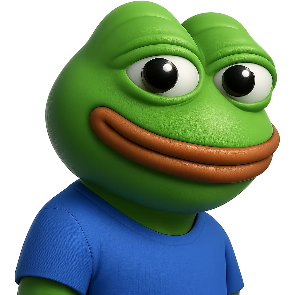 pepe in
- 3d style
- bright green
- blue shirt
- smiling
- looking straight at the camera
- good highlights and shadows
- 30deg angled towards the left emoji