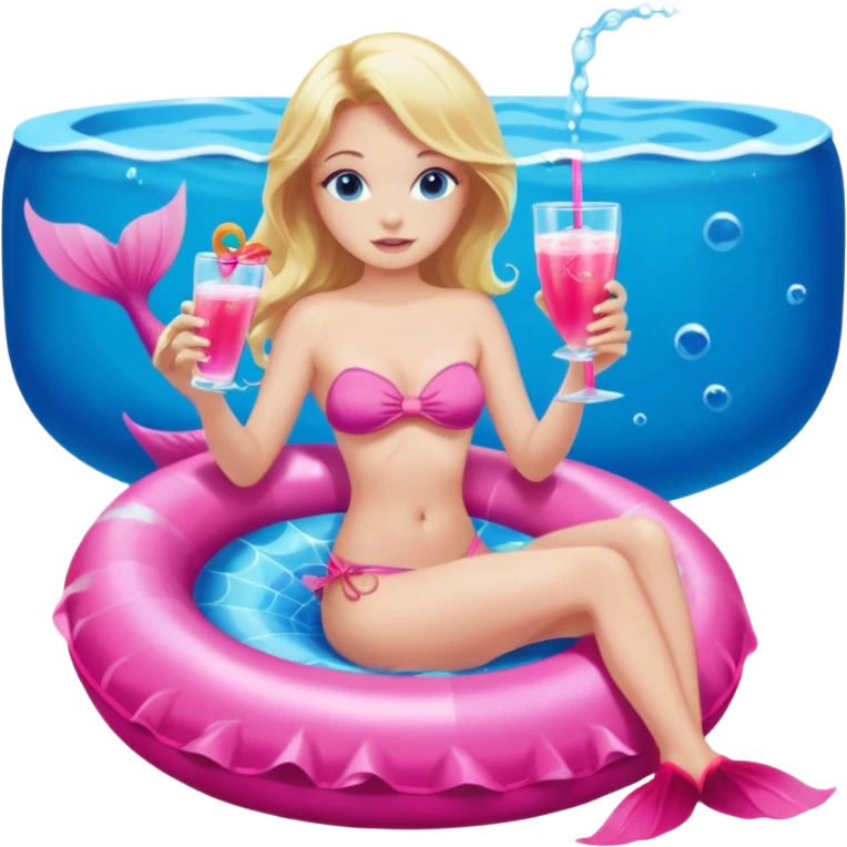 woman who is a mermaid with blonde hair and blue eyes sitting in a pink pool tube in a blue pool sipping a drink wearing a pink bikini top and a pink mermaid tail  emoji