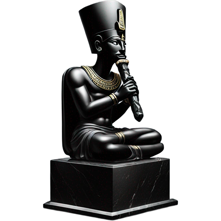 Osiris crook and flail obsidian statue on granite 30 ton brick, massive size, sunlight behind, sunset colors, reflections on black stone polished clean perfect, photography angles emoji