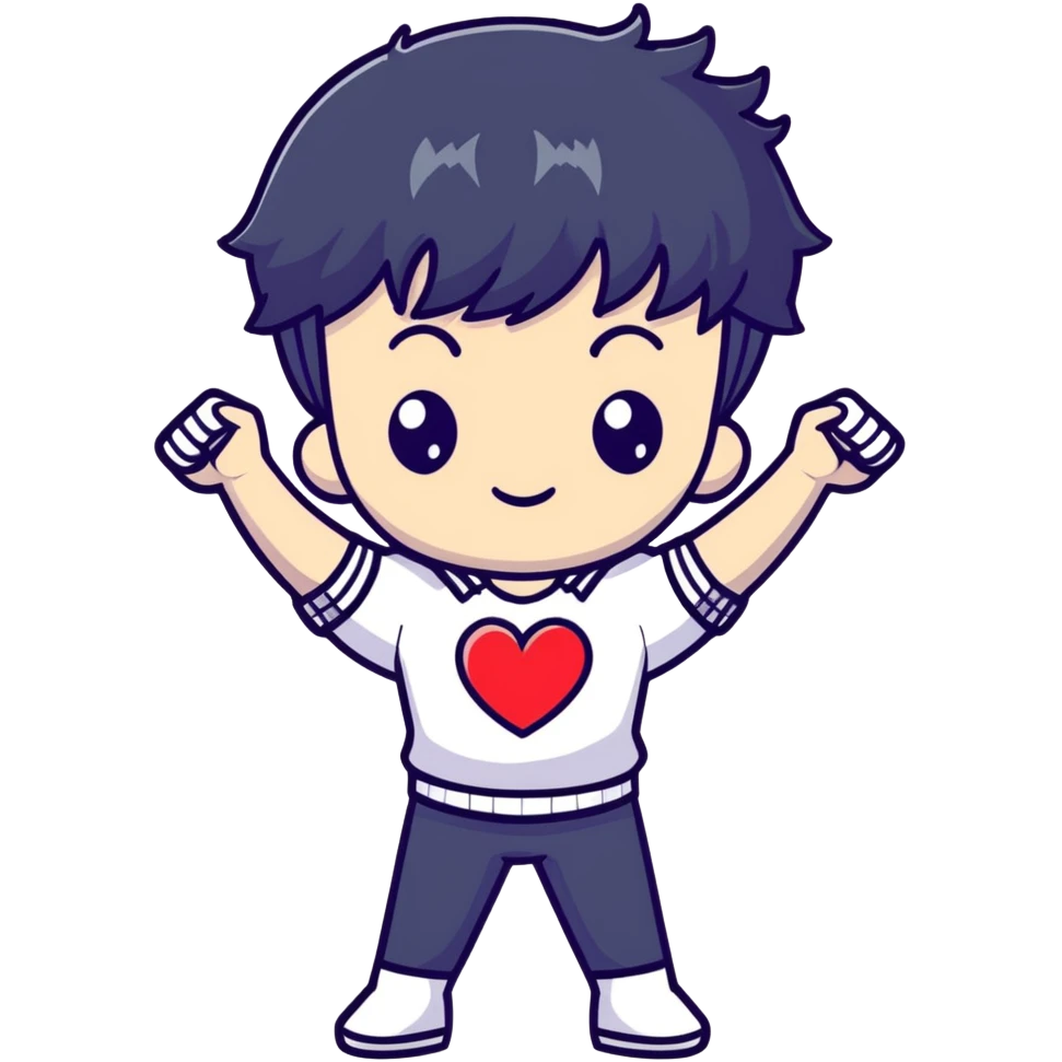 Black-haired male idol with arms forming heart shape above head, arms curved in heart outline, K-pop style emoji