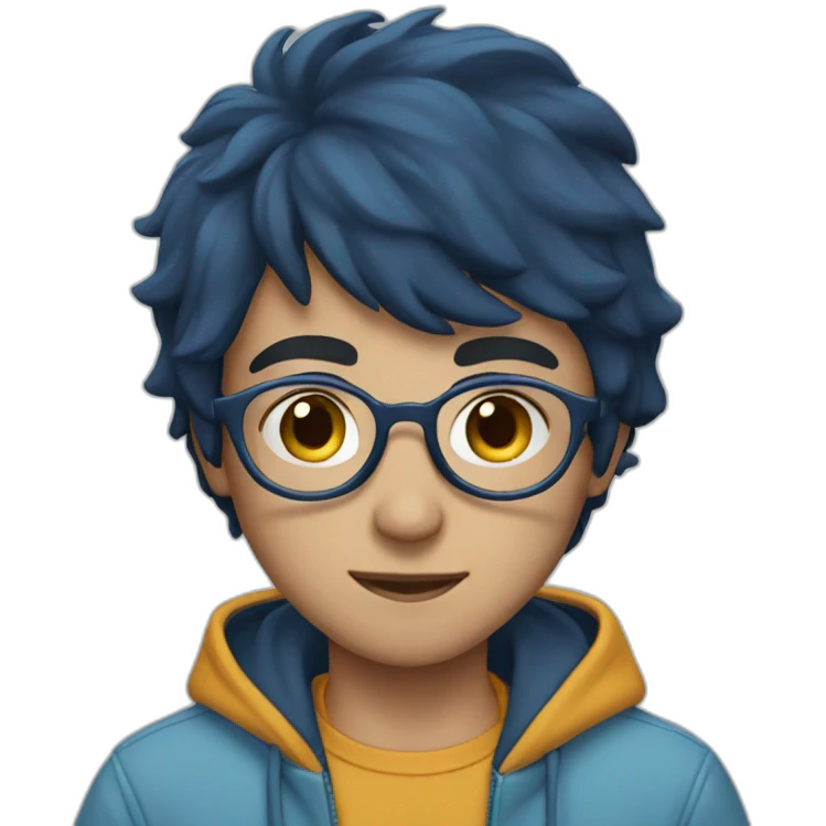 Boy, middle hair, dark blue hair, light blue hoodie, glasses emoji