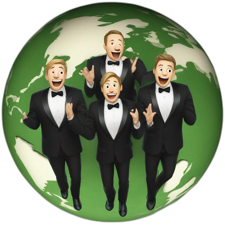 3 white men in tuxedo laughing with their palms raised behind a miniature earth on the ground emoji