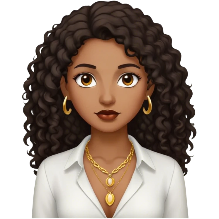 Dark Brown woman with dark curly long hair white dress shirt with gold small necklace no earrings emoji